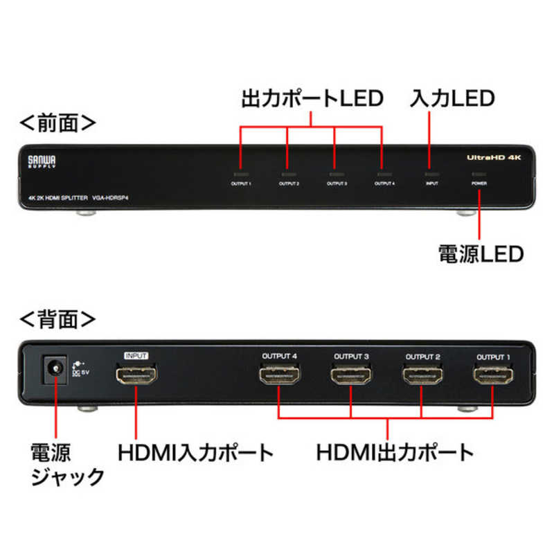 サンワサプライ サンワサプライ 4K/60Hz･HDR対応HDMI分配器(4分配) VGA-HDRSP4 VGA-HDRSP4
