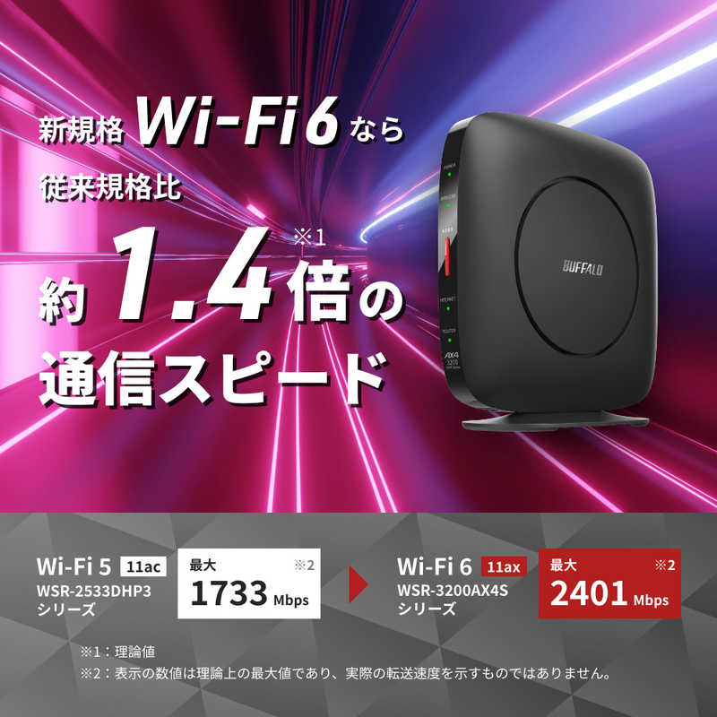 BUFFALO BUFFALO 無線LANルーター(Wi-Fiルーター) Wi-Fi 6(ax)/ac/n/a/g/b 目安：～4LDK/3階建 WSR-3200AX4S-BK WSR-3200AX4S-BK