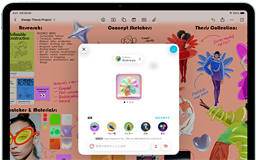 横向きのiPad Airの前面の外観。音量を上げるボタン、音量を下げるボタン、電源ボタンが見えている。画面には様々なアイコンがあるカラフルなアプリのインターフェイスが表示されている