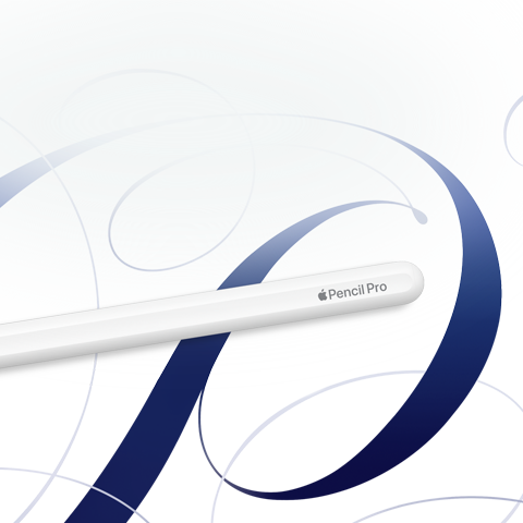 ホワイトのApple Pencil Pro。青い渦巻き模様が入った白い背景の上に表示されている
