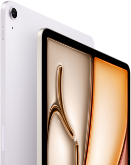 パープルのiPad Airの前面と背面の外観。背面の左上角に12MP広角バックカメラがある