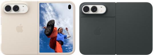 スターホワイトのiPhone Duo、サンドのシリコーンケースが装着されている。横向きで完全に開いた状態。左上にDual Fusionカメラが見える。ケースが背面の外観とアウターディスプレイを覆っている。右側にはアウターディスプレイがあり、人物のポートレートが表示されている。スターホワイトのiPhone Duo、ブラックのFolioが装着されている。背面の外観に48MP Dual Fusionバックカメラと2つのレンズが見えている