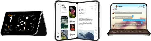 様々な形に開いたiPhone Duo。1台は逆V字形に開いて横向きに置かれている。小さな角度で開いていて、アウターディスプレイが見える。オールスクリーンのデザイン。1台は小さな角度で本のような形に開いていて、垂直に立てられている。もう1台は横向きで直角に開いた状態。インナーディスプレイ、オールスクリーンのデザイン