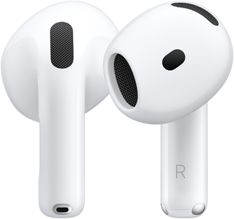 左にAirPodの背面、右にAirPodの前面が見える。右のAirPodの軸部分には右耳側であることを示すRの文字がある