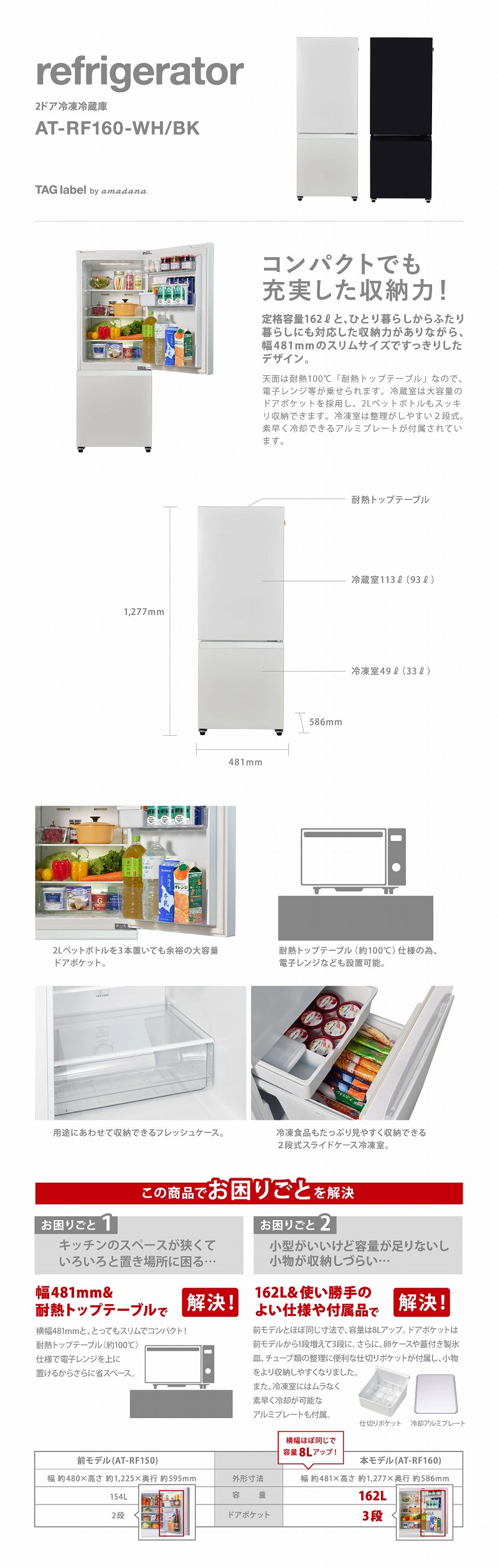 TAG label by amadana 冷蔵庫 2ドア 右開き 162L AT-RF160-WH ホワイト