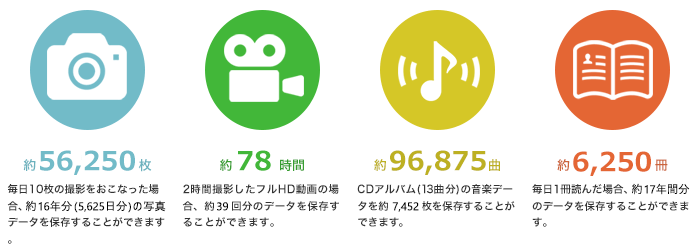 保存できる各種データの目安 (500GBの場合)