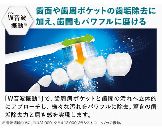 歯面や歯周ポケットの歯垢除去に加え、歯間もパワフルの磨けます。