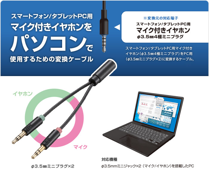 エレコム ELECOM マイク付きイヤホン用φ3.5mm変換ケーブル AV-35AD01BK 
