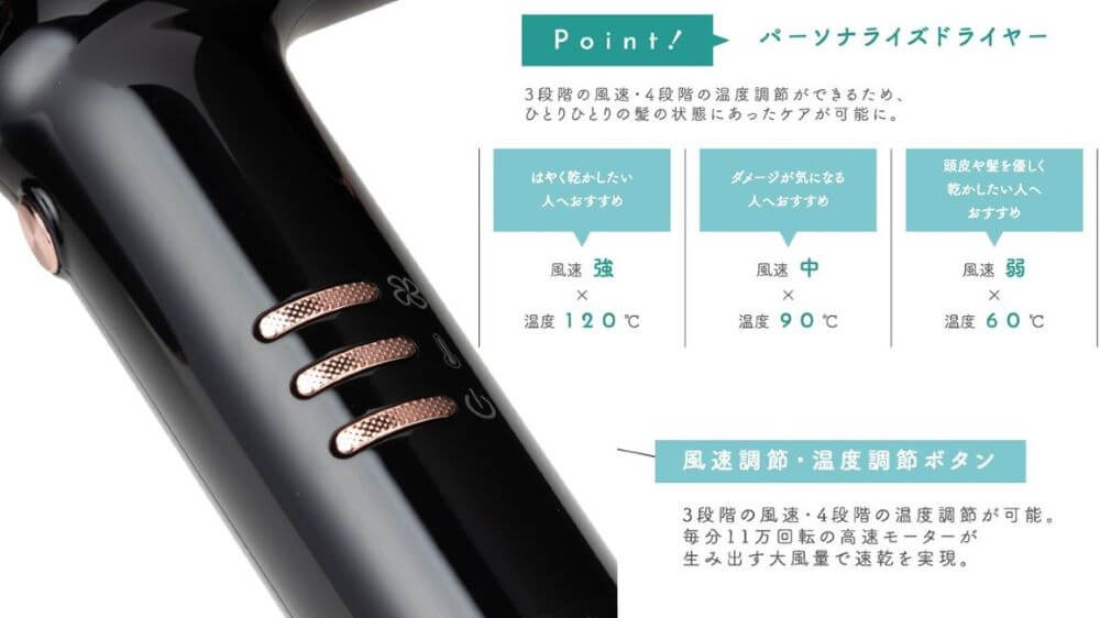 3段階温度調整(60℃・90℃・120℃)+クールショット