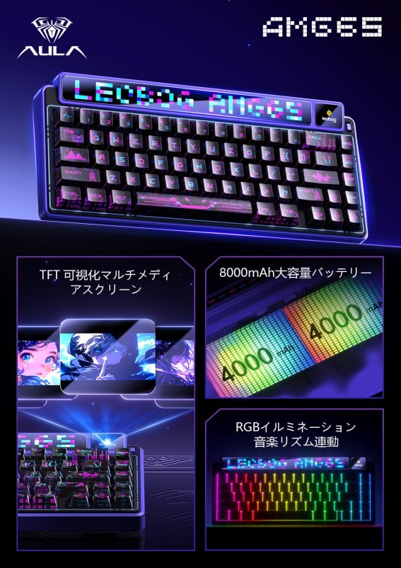 AULA ゲーミングキーボード 可視化マルチメディアスクリーン 8000mAh大