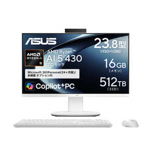 ASUS �G�C�X�[�X �f�X�N�g�b�v�p�\�R�� V600 AiO [ Copilot+ PC / 23.8�^ / Win11 Home / Ryzen AI 5 / 16GB / 512GB / Office�I���\ ] �z���C�g VM640GA-WPC0
