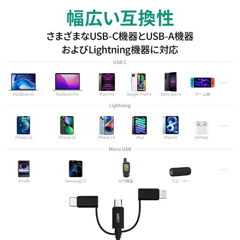 AUKEY AUKEY ケーブル Impulse Series USB-A to Lightning/C/micro-USB マルチポート対応 長さ1m AUKEY(オーキー) Black [Quick Charge対応] CB-BAL9-BK CB-BAL9-BK