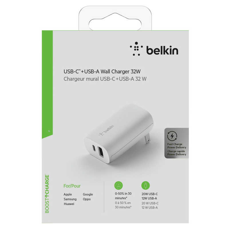 BELKIN BELKIN BOOST↑CHARGE  USB充電器（20W USB-C + 12W USB-A） ホワイト WCB004DQWH [2ポート /USB Power Delivery対応] WCB004DQWH WCB004DQWH