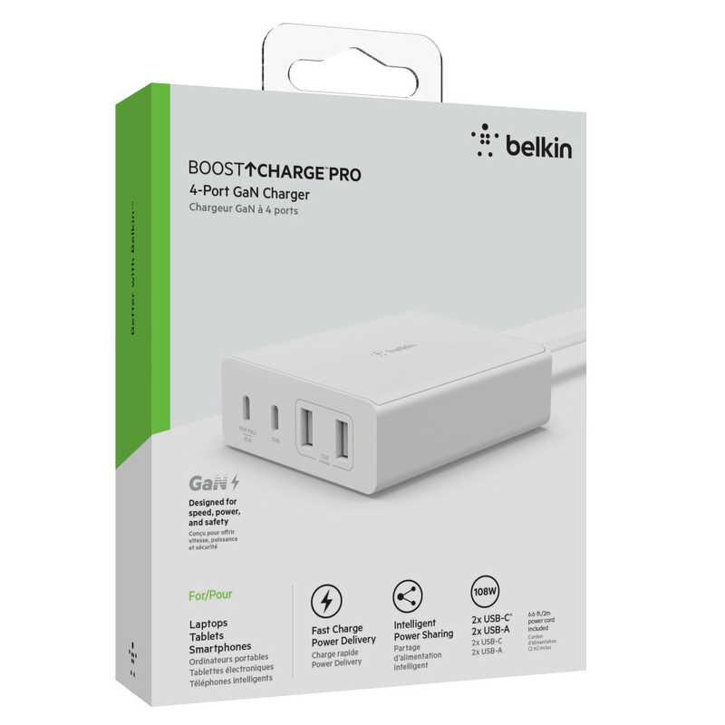 BELKIN BELKIN USB-C+A 4ポート 108W GaN急速充電器 ホワイト (USB Power Delivery対応/4ポート/GaN(窒化ガリウム) 採用) WCH010DQWHJP WCH010DQWHJP