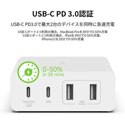 Belkin 108W GaN急速充電器 4ポート BELKIN USB-C+A 4ポート 108W GaN急速充電器 ホワイト (USB Power