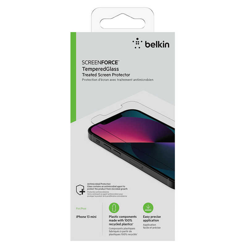 BELKIN BELKIN SCREENFORCE iPhone 13 mini用抗菌画面保護強化ガラスフィルム 簡単貼付EZトレイ付 クリア OVA068ZZ OVA068ZZ