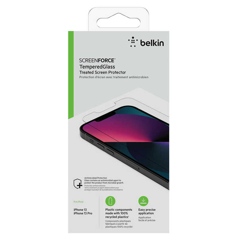 BELKIN BELKIN SCREENFORCE iPhone 13 / Pro 用抗菌画面保護強化ガラスフィルム 簡単貼付EZトレイ付 クリア OVA069ZZ OVA069ZZ