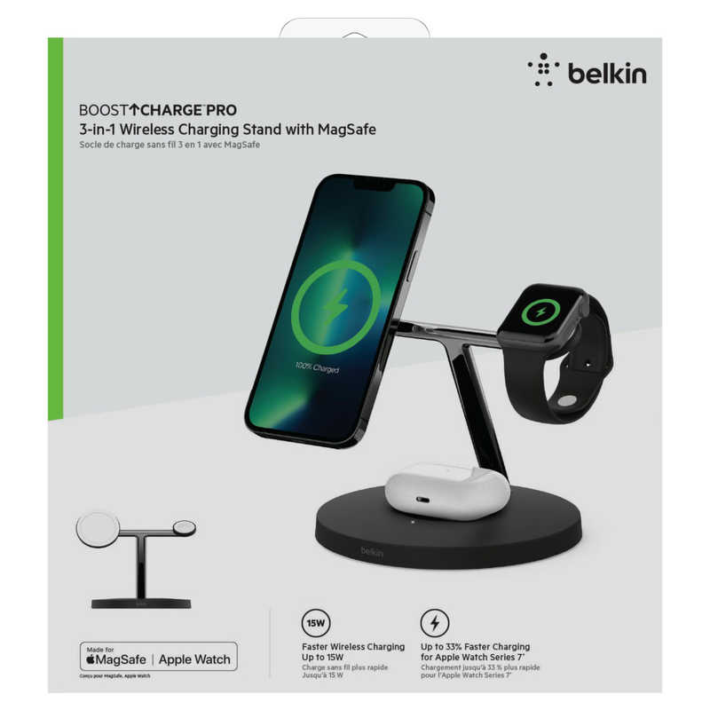 BELKIN BELKIN Apple Watch急速充電対応 MagSafe 3-in-1 ワイヤレス充電スタンド(電源アダプタ付)ブラック WIZ017DQBK WIZ017DQBK
