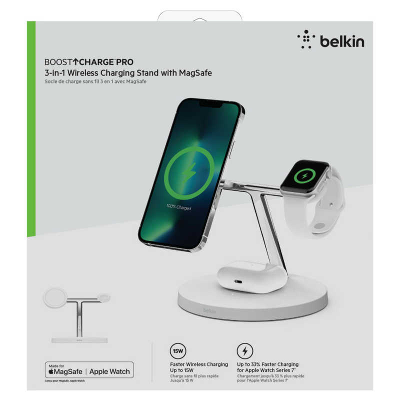 BELKIN BELKIN Apple Watch急速充電対応 MagSafe 3-in-1 ワイヤレス充電スタンド(電源アダプタ付)ホワイト WIZ017DQWH WIZ017DQWH