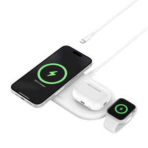 BELKIN BoostCharge Pro Qi2 3-in-1 ワイヤレス充電器 ホワイト ［USB Power Delivery対応 /3ポート /15W］ WIZ022qcWH