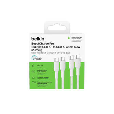BELKIN USB-C to USB-C 編組ケーブル 60W 1M ホワイト 2本セット