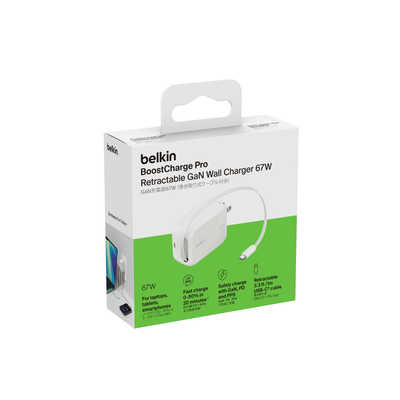 BELKIN BoostCharge Pro 67W 1ポート 巻き取り式USB-Cケーブル付き GaN