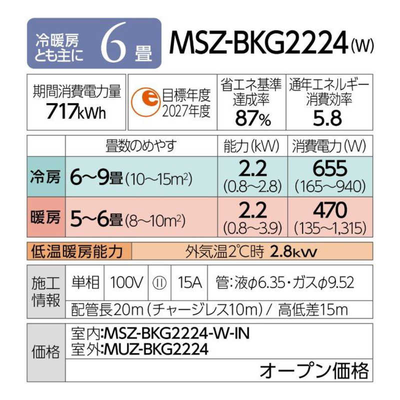 三菱　MITSUBISHI 三菱　MITSUBISHI エアコン 霧ヶ峰 BKGシリーズ おもに6畳用 MSZ-BKG2224-W MSZ-BKG2224-W