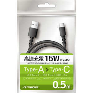 グリーンハウス USB TypeAtoC ケーブル USB2.0 5V/3A対応 アルミ袋包装 ブラック 0.5m ブラック [0.5m] GH-UCACA05-BK
