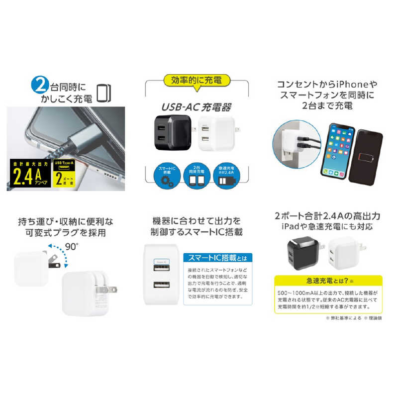グリーンハウス グリーンハウス AC-USB アダプタ 2ポート ブラック ［2ポート /Smart IC対応］ GH-ACU2H-BK GH-ACU2H-BK