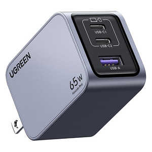 UGREEN Nexode Pro 急速充電器 65W GaN 2C1A 3ポート USB-C to USB-Cケーブル付き 25870 グレー UGR-OT-000008