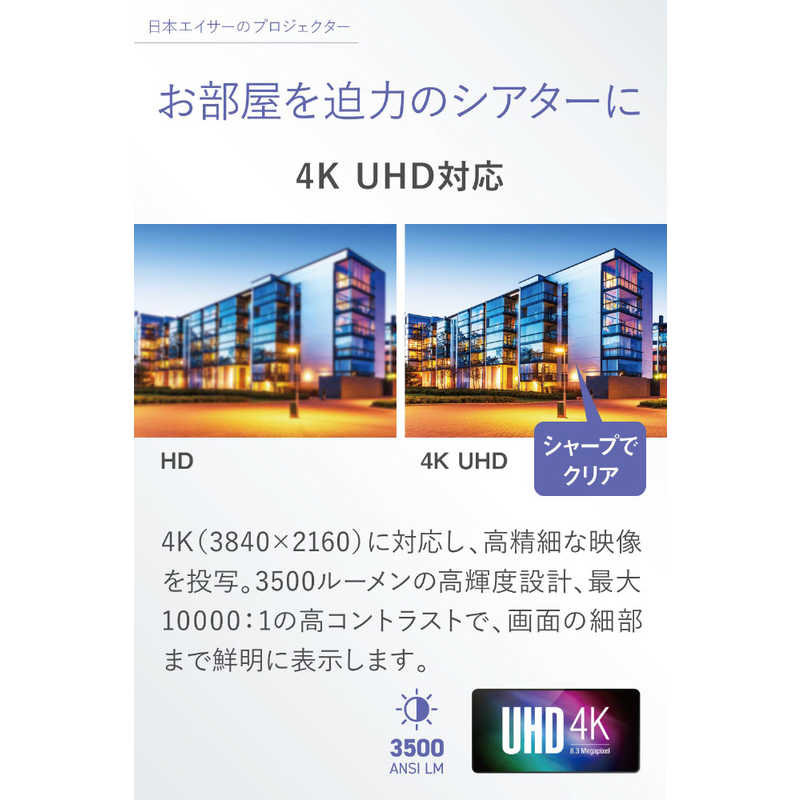 ACER エイサー ACER エイサー 4K UHD プロジェクター(3840x2160(4K)/3500 ANSI lm(標準) 2800 ANSI lm(ECOモード)/4kg/HDR対応/HDMI 3D/2年間保証) H6810BD H6810BD
