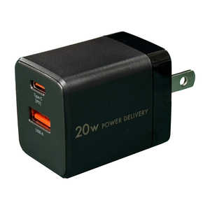 オズマ PowerDelivery20W出力 AC-USB充電器 2Port(C＆A) ブラック ［2ポート /USB Power Delivery対応 /Smart IC対応］ ACUC-20PQBK