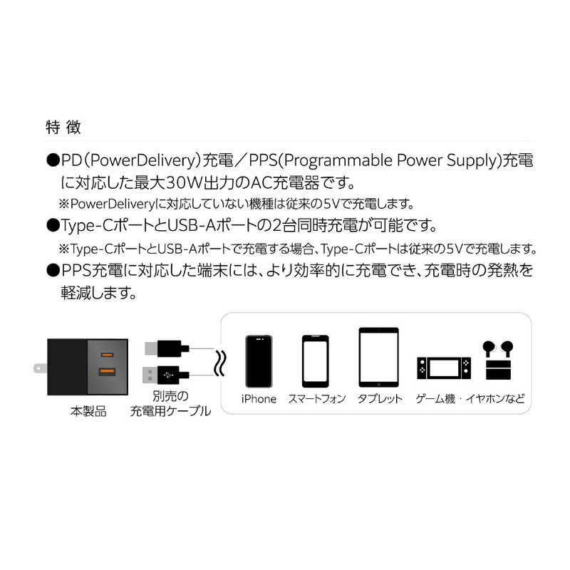 オズマ オズマ PowerDelivery30W出力 AC-USB充電器 2Port(C＆A) ブラック ［2ポート /USB Power Delivery対応 /Smart IC対応］ ACUC-30PQBK ACUC-30PQBK