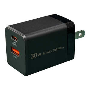 オズマ PowerDelivery30W出力 AC-USB充電器 2Port(C＆A) ブラック ［2ポート /USB Power Delivery対応 /Smart IC対応］ ACUC-30PQBK
