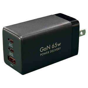 オズマ PowerDelivery65W出力 AC-USB充電器 3Port(C＊2＆A) ブラック ［3ポート /USB Power Delivery対応］ ACUC2-65PQGBK