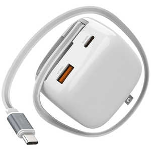 サイバーガジェット Switch2用 65W Type-C巻取ケーブル内蔵 急速充電器 ホワイト CY-65RTCAC-WH