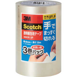 3Mジャパン 3M スコッチR 透明梱包用テープ 手でまっすぐ切れる 3842K-3P 3842K3P