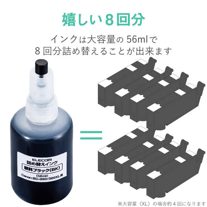 エレコム　ELECOM エレコム　ELECOM 詰め替えインク [キヤノン BC-360･BC-360XL] THC-360BK8 ブラック(8･4回分) THC-360BK8 ブラック(8･4回分)