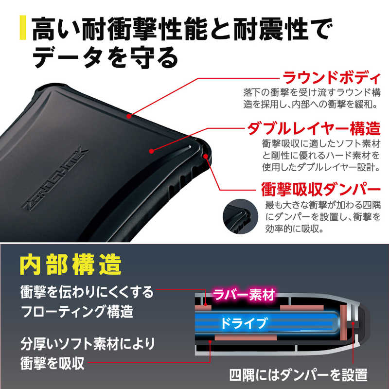 エレコム　ELECOM エレコム　ELECOM 【アウトレット】外付ケSSD/ポータブル/USB3.2(Gen1)対応/ZEROSHOCK/250GB/ブラック ESD-ZSA0250GBK ESD-ZSA0250GBK