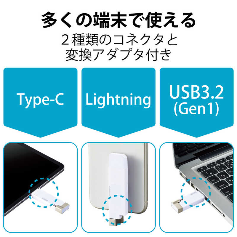 エレコム　ELECOM エレコム　ELECOM LightningUSBメモリ USB3.2(Gen1) USB3.0対応 32GB Type-C変換アダプタ付 ホワイト MF-LGU3B032GWH MF-LGU3B032GWH