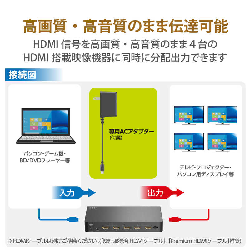 エレコム　ELECOM エレコム　ELECOM HDMI分配器 4K 60P 対応 1入力 4出力 スプリッター ブラック  VSP-HDP14BK VSP-HDP14BK