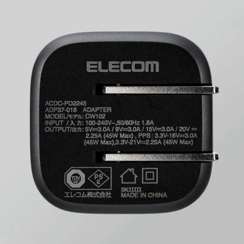 エレコム　ELECOM エレコム　ELECOM ノートPC向けACアダプター／USB充電器／USB Power Delivery認証／45W／Type-C1ポート／スイングプラグ／ブラック  ACDC-PD2245BK ACDC-PD2245BK
