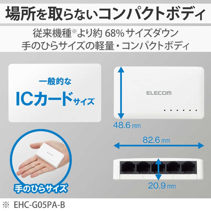 エレコム　ELECOM エレコム　ELECOM スイッチングハブ LAN ハブ 5ポート Giga対応 プラスチック筐体 AC電源 ファンレス 静音 省エネ機能 ホワイト EHC-G05PA2-W EHC-G05PA2-W
