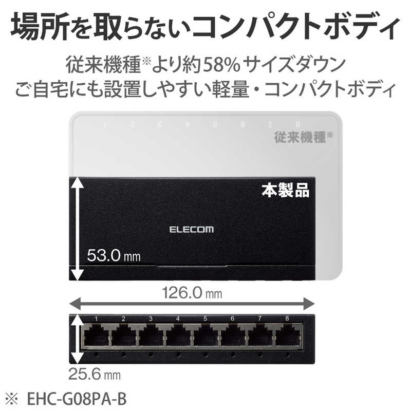 エレコム　ELECOM エレコム　ELECOM スイッチングハブ LAN ハブ 8ポート Giga対応 100010010Mbps 金属筐体 AC電源 ファンレス 静音 省エネ機能 壁掛け設置対応 ブラック EHC-G08MA-B EHC-G08MA-B