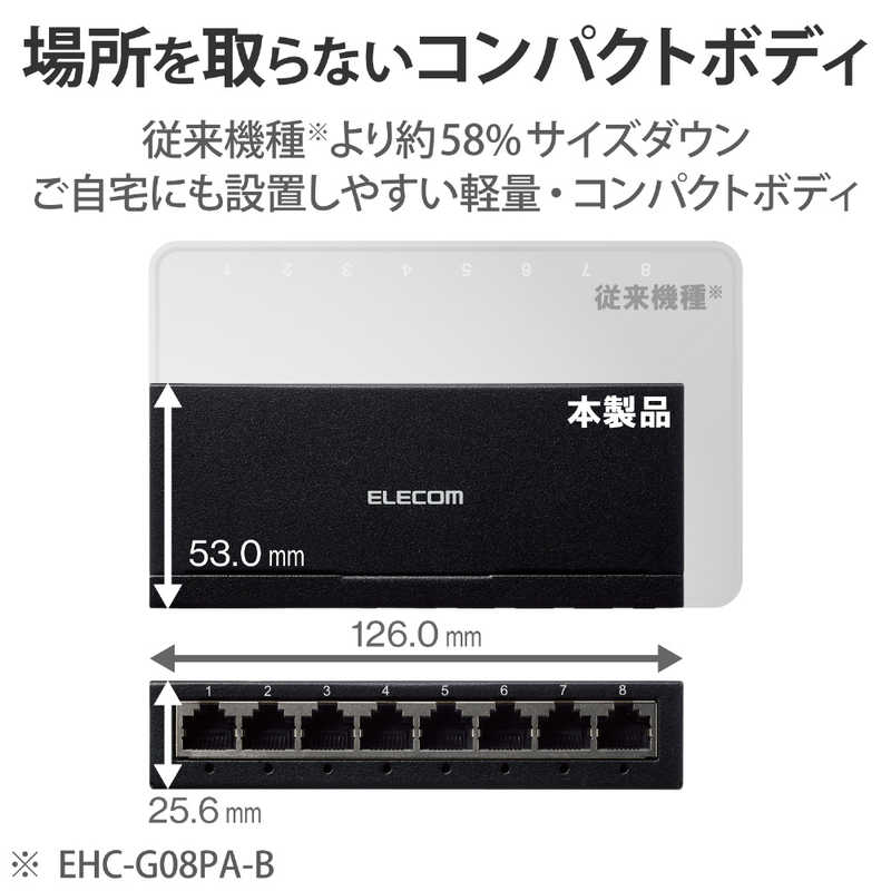 エレコム　ELECOM エレコム　ELECOM スイッチングハブ LAN ハブ 8ポート Giga対応 金属筐体 AC電源 ファンレス 静音 省エネ機能 ブラック EHC-G08MA-B EHC-G08MA-B