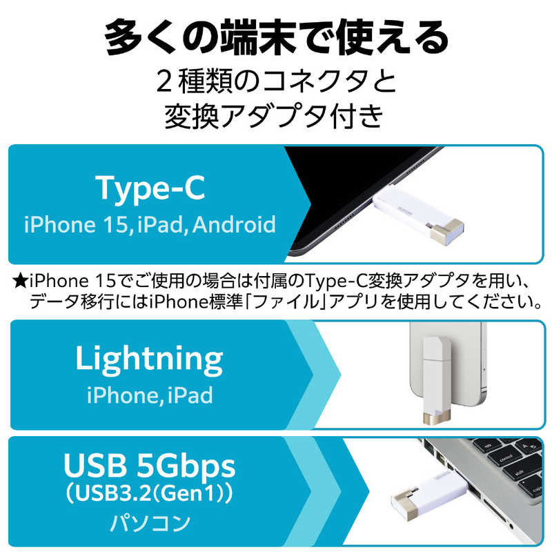 エレコム　ELECOM エレコム　ELECOM USBメモリ 256GB USB3.2(Gen1) 3in1 ( Lightning USB A Type C ) MFI認証  MF-LGU3B256GWH MF-LGU3B256GWH