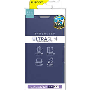 エレコム ELECOM iPhone 14 Pro Max 6.7インチ レザーケース/手帳型/UltraSlim/薄型/磁石付き/ネイビー PM-A22DPLFUNV