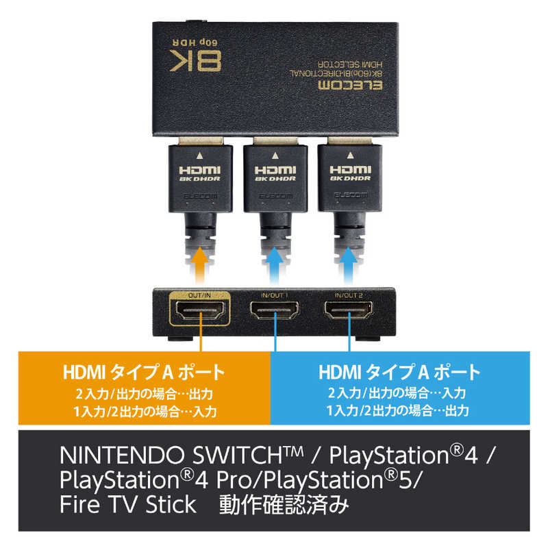 エレコム　ELECOM エレコム　ELECOM HDMI 切替器 2入力1出力/1入力2出力 双方向切替可( PS5 PS4 Nintendo Switch Fire TV Stick など動作確認済 ) 電源不要 セレクター ブラック DH-SW8KBD21BK DH-SW8KBD21BK