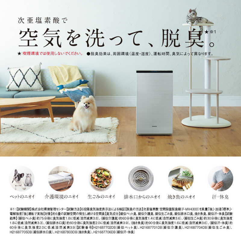 パナソニック　Panasonic パナソニック　Panasonic 空間除菌脱臭機 ziaino(ジアイーノ) 次亜塩素酸 マテリアルホワイト 最大適用畳数(加湿) 18畳 F-MV4300-WZ F-MV4300-WZ