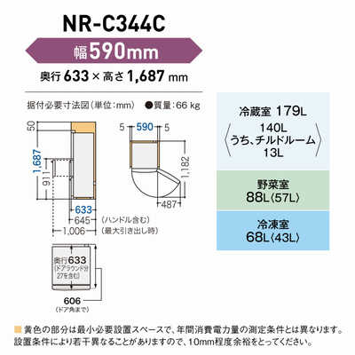 パナソニック Panasonic 冷蔵庫 Cタイプ 3ドア 右開き 335L NR